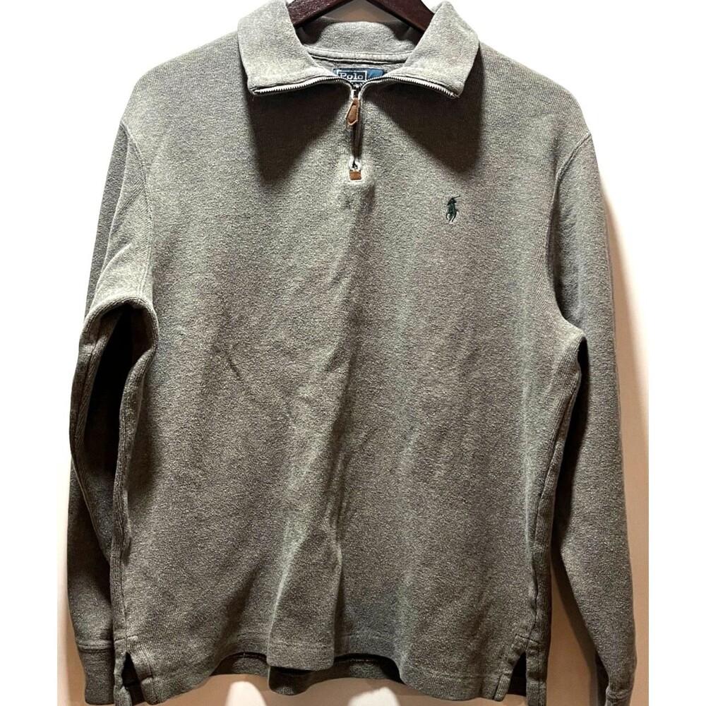 Polo Ralph Lauren L Gray Heather Quarter Zip Pullover 100% Cotton Green Pony